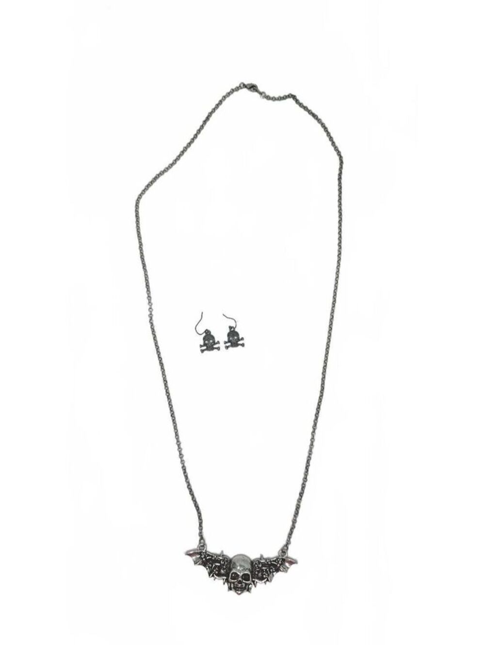 Gothic Skull and Bat Wing Necklace with Skull Earrings Set